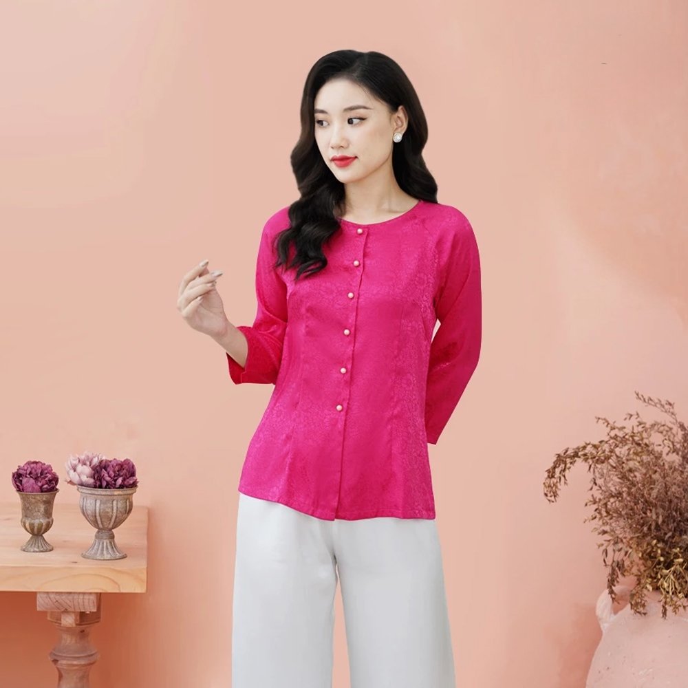 Cho Thuê Set Bà Ba Cổ Tròn Hoa Chìm Hồng Đậm (Có Bigsize)