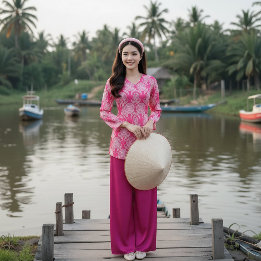 Cho Thuê Set Bà Ba Cổ Tròn Đồng Tiền Hồng Đậm (Có Bigsize)