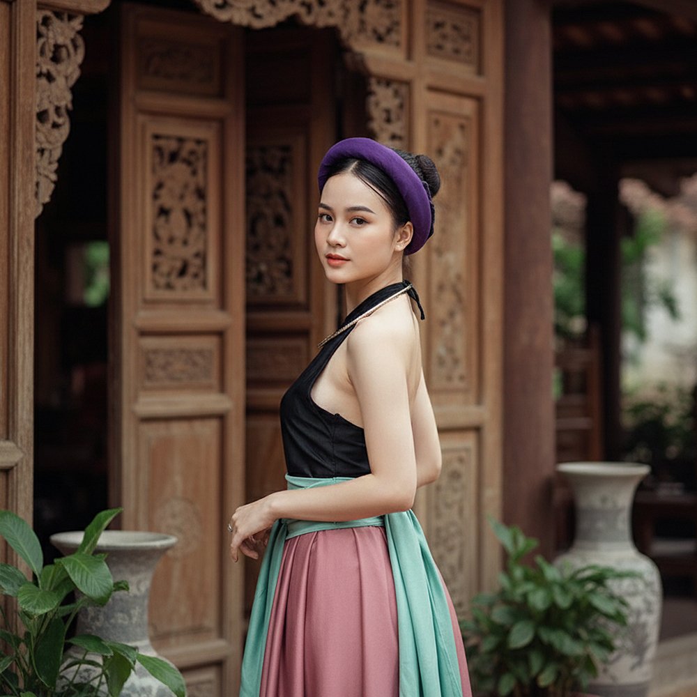 Set Tứ Thân Đen Hồng Khoác Nâu (Kèm Khăn Vấn Tóc) là trang phục truyền thống mang đậm bản sắc văn hóa Việt. Áo yếm đen nền nã kết hợp với váy hồng tạo nên sự đối lập hài hòa, vừa kín đáo vừa nổi bật. Áo khoác tứ thân màu nâu phủ ngoài gợi hình ảnh người phụ nữ thôn quê xưa, mộc mạc mà duyên dáng. Khăn vấn tóc đi kèm hoàn thiện tổng thể, thích hợp cho các dịp lễ hội dân gian, trình diễn cổ phục hay chụp ảnh nghệ thuật.