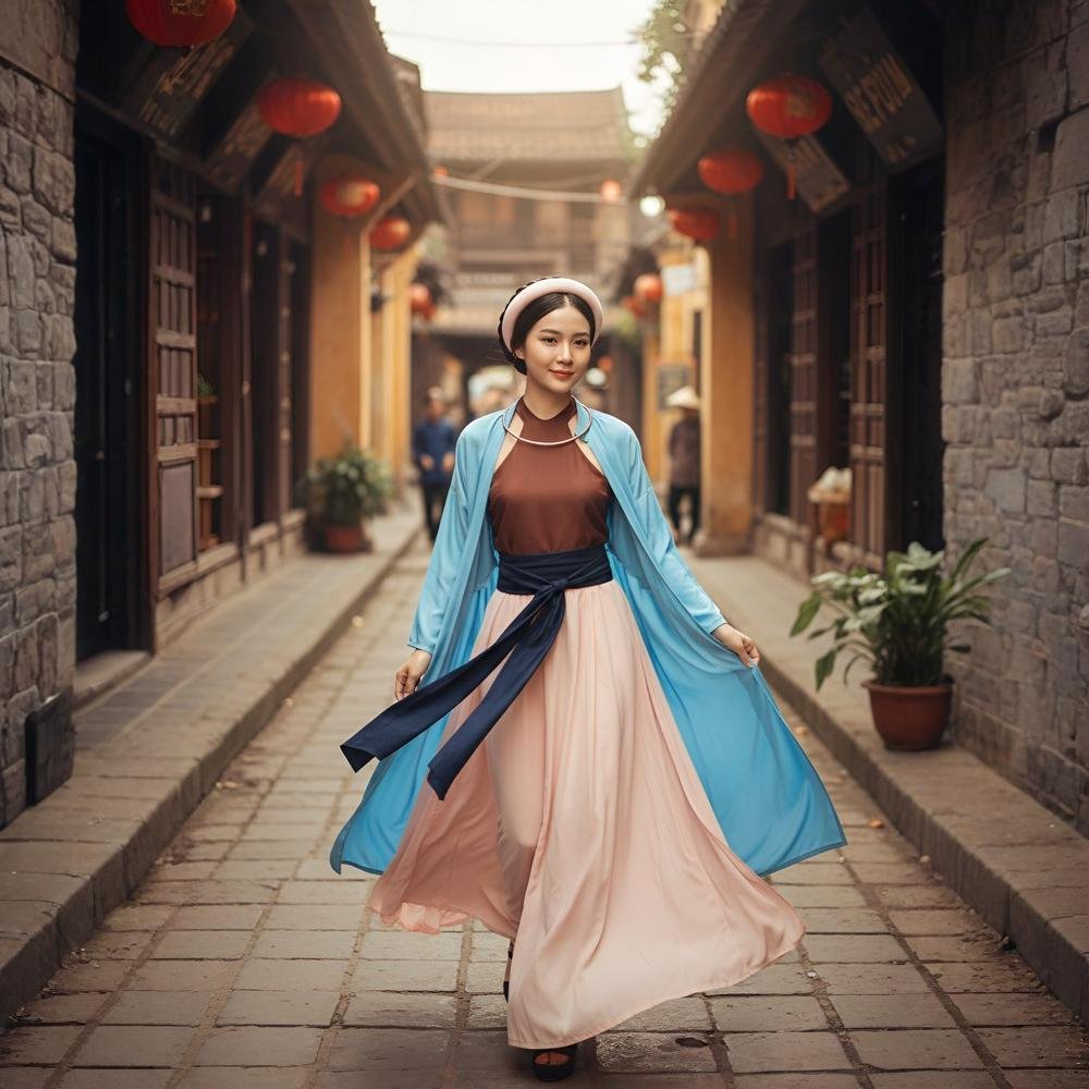 Set áo tứ thân nâu cam phối khoác xanh, kèm khăn vấn tóc, thuê tại Tiệm Nhà Bông