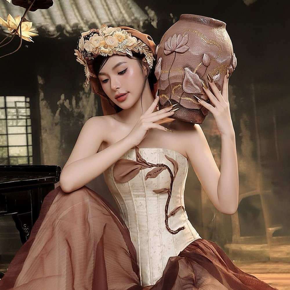 Set váy yếm corset nâu kem tấm, trang phục truyền thống hiện đại thuê tại Tiệm Nhà Bông
