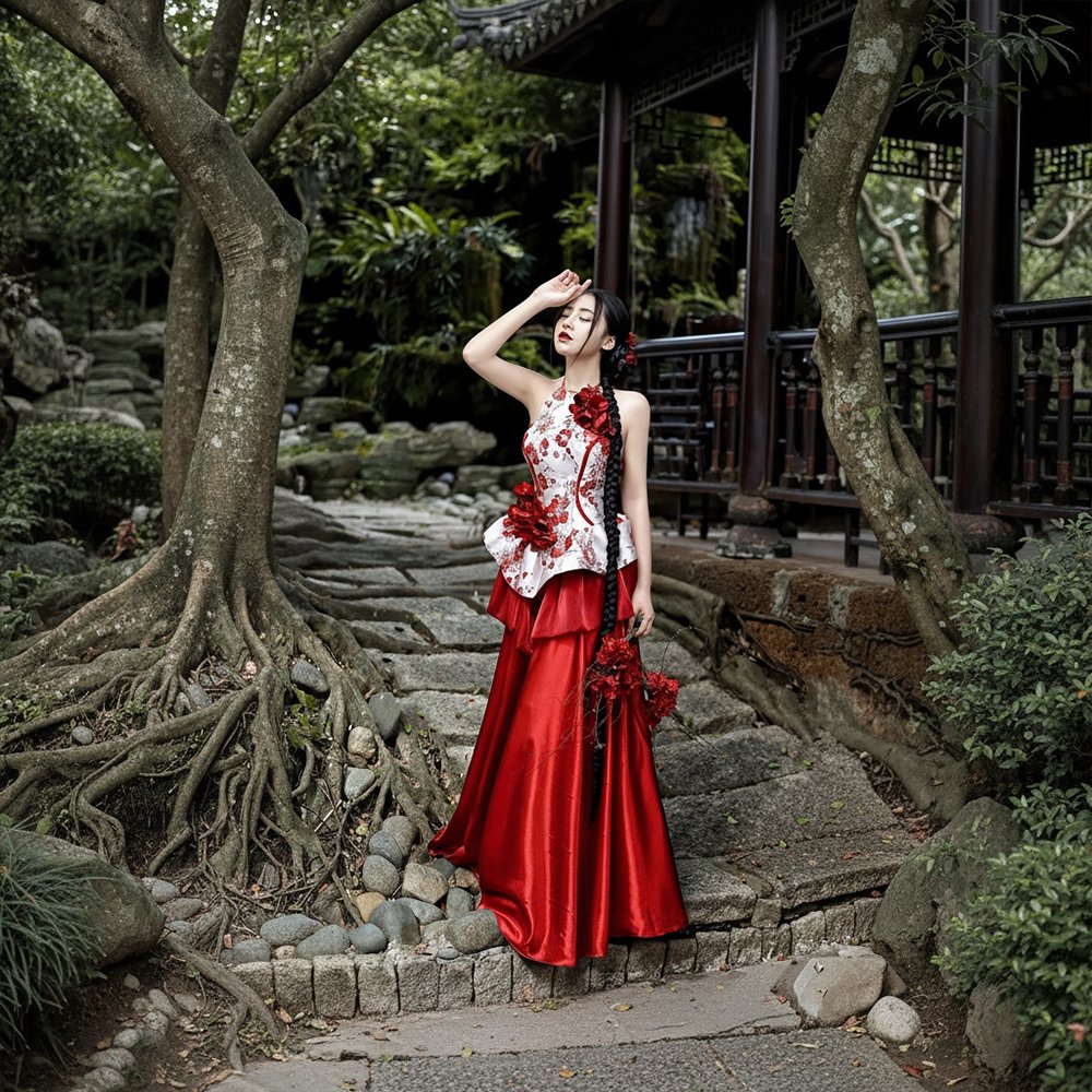 Set yếm hoa phối chân váy lụa N.E.P đỏ sang trọng, mềm mại. Trang phục nổi bật và duyên dáng, phù hợp cho chụp ảnh, lễ hội, cưới hỏi và biểu diễn nghệ thuật.