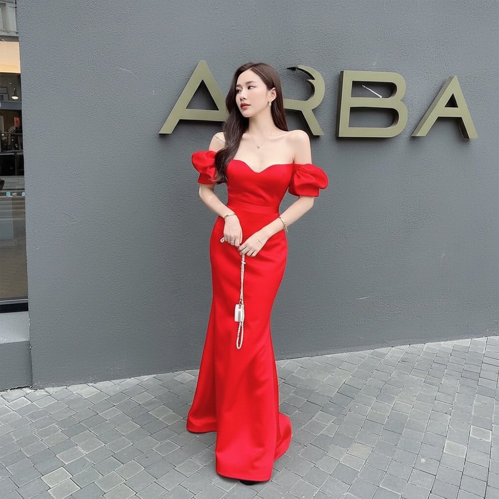 Cho Thuê Váy Dài Trễ Vai Basic THE NELLA Đỏ