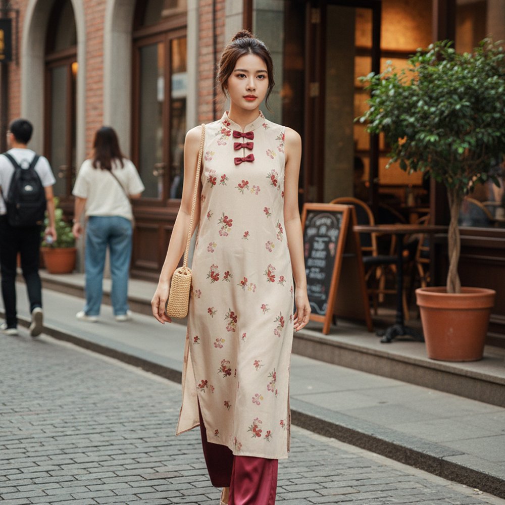 Yếm dài màu hồng in hoa quả, điểm nơ hồng duyên dáng, thuê tại Tiệm Nhà Bông