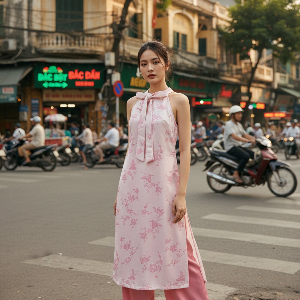 Yếm Dài Thêu Hoa Nổi Cột Nơ Cổ Hồng – Trang phục truyền thống tại Tiệm Nhà Bông.