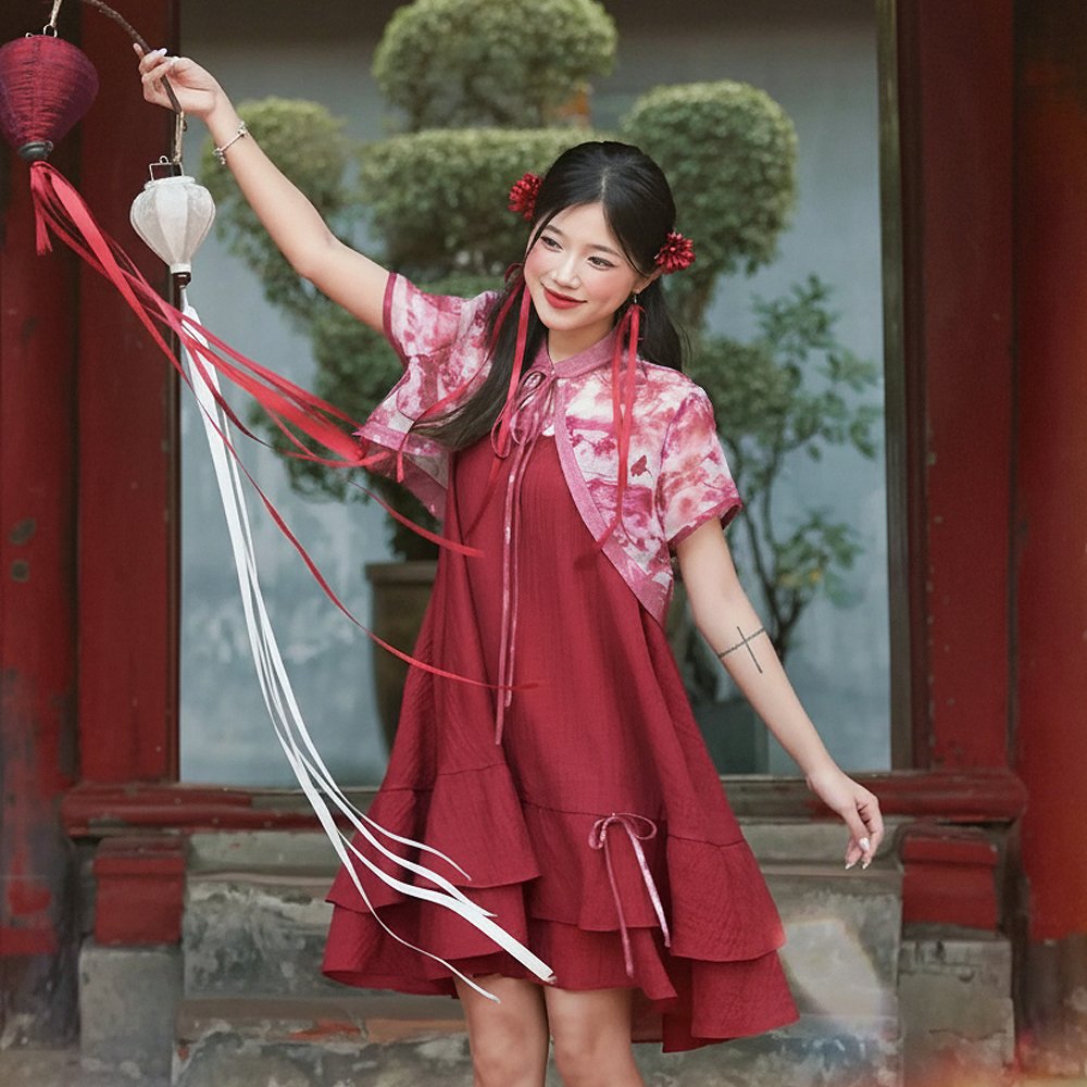 Yếm Lengdeng Sơn Mài kèm áo khoác đỏ – Trang phục cách tân độc đáo tại Tiệm Nhà Bông.