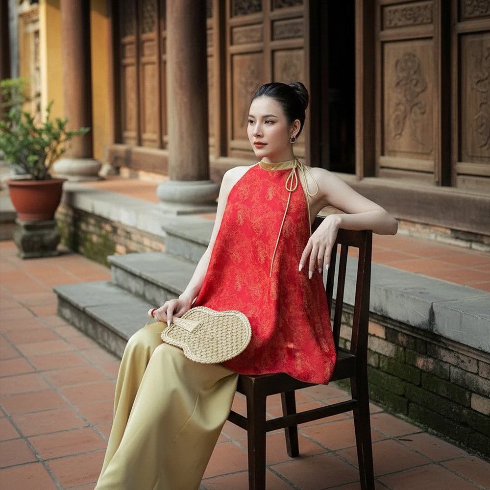 Yếm lụa đỏ viền vàng sang trọng, duyên dáng, thuê tại Tiệm Nhà Bông