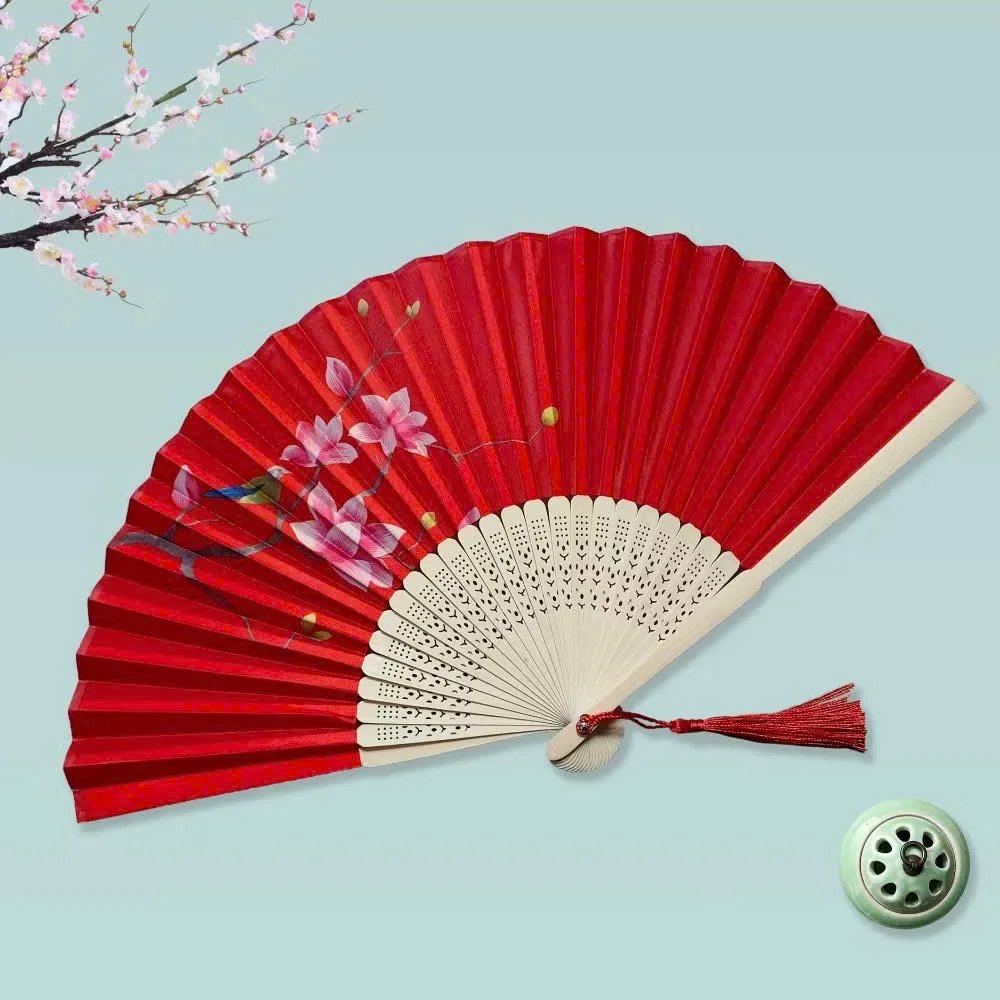 Quạt Xòe Cầm Tay Đỏ Đào Hồng