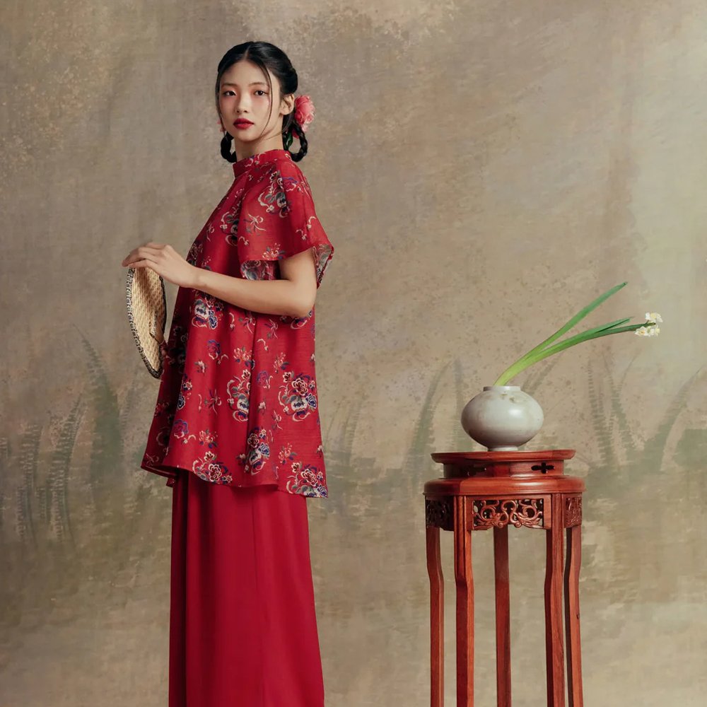 Set áo Vinh Hoa Mẫu Đơn đỏ cho thuê tại Tiệm Nhà Bông