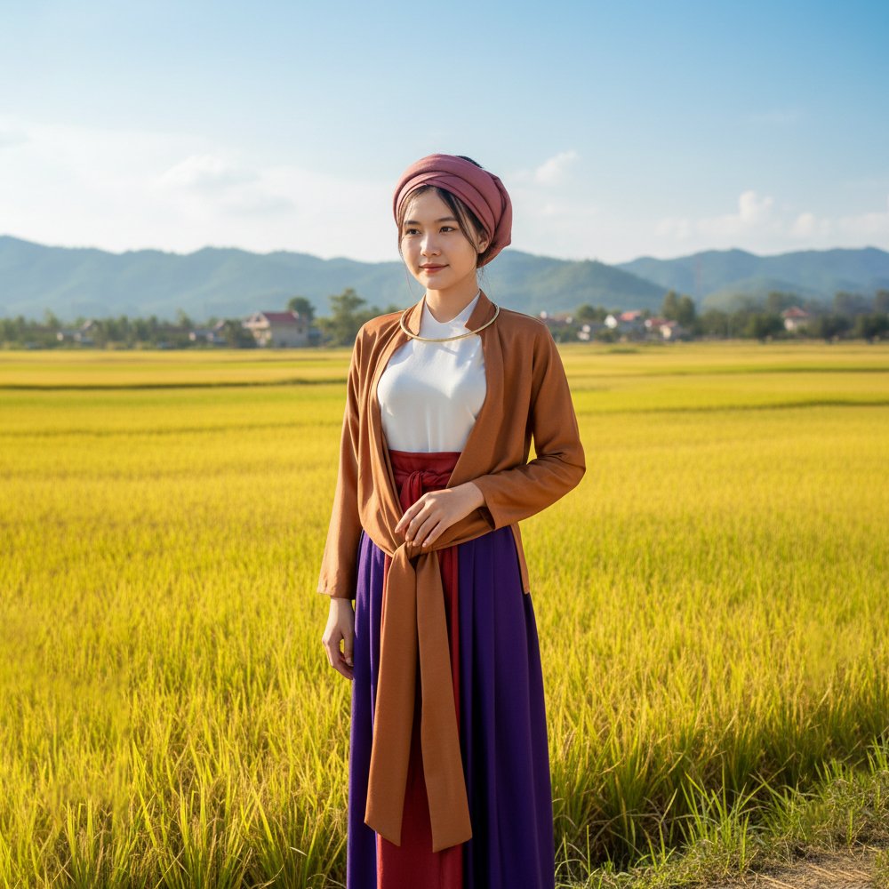 Set áo tứ thân trắng tím phối áo khoác nâu, kèm khăn vấn tóc, thuê tại Tiệm Nhà Bông