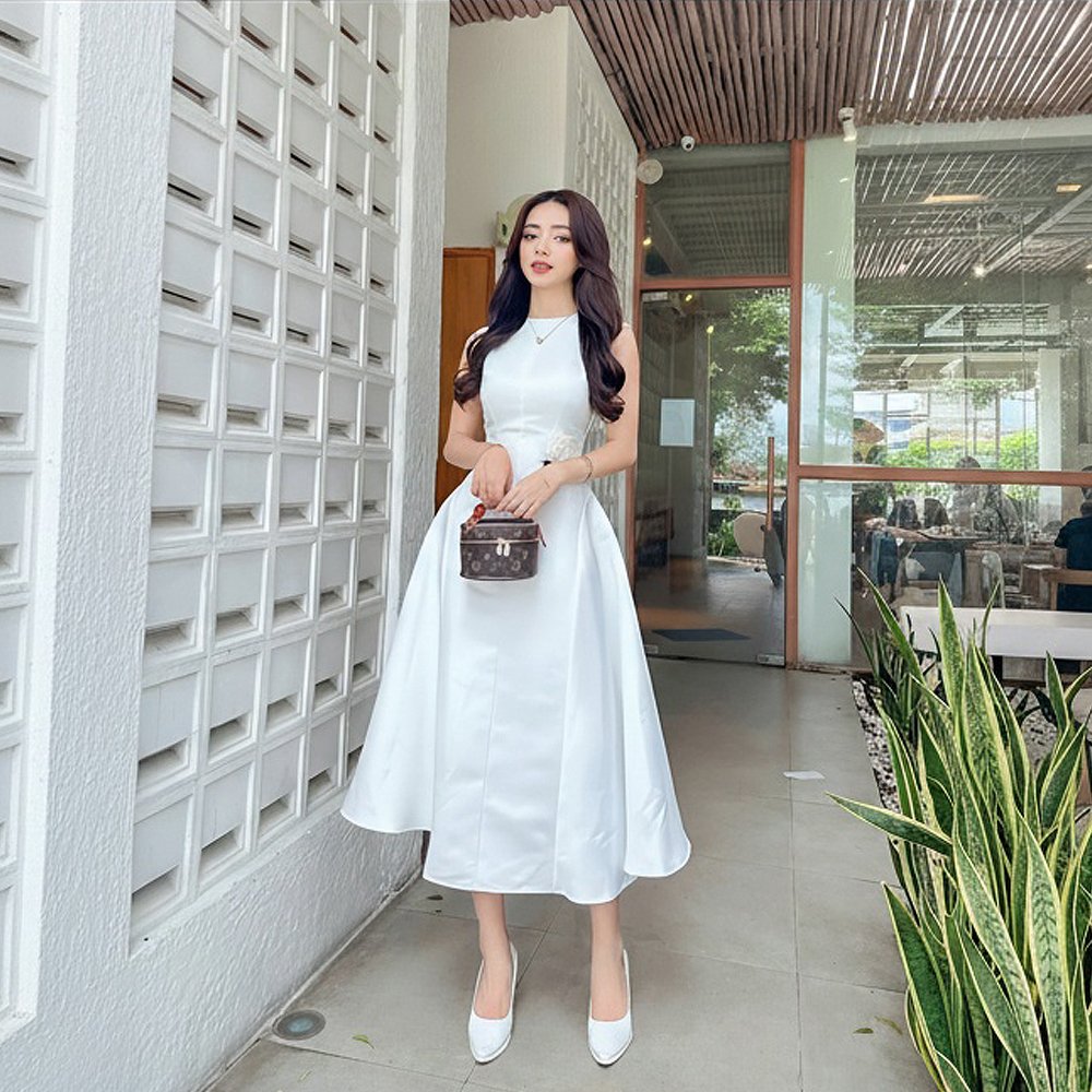 Váy Dài Tay Cụt Lưới THE NELLA Trắng – Cho thuê váy dự tiệc cao cấp tại Tiệm Nhà Bông.