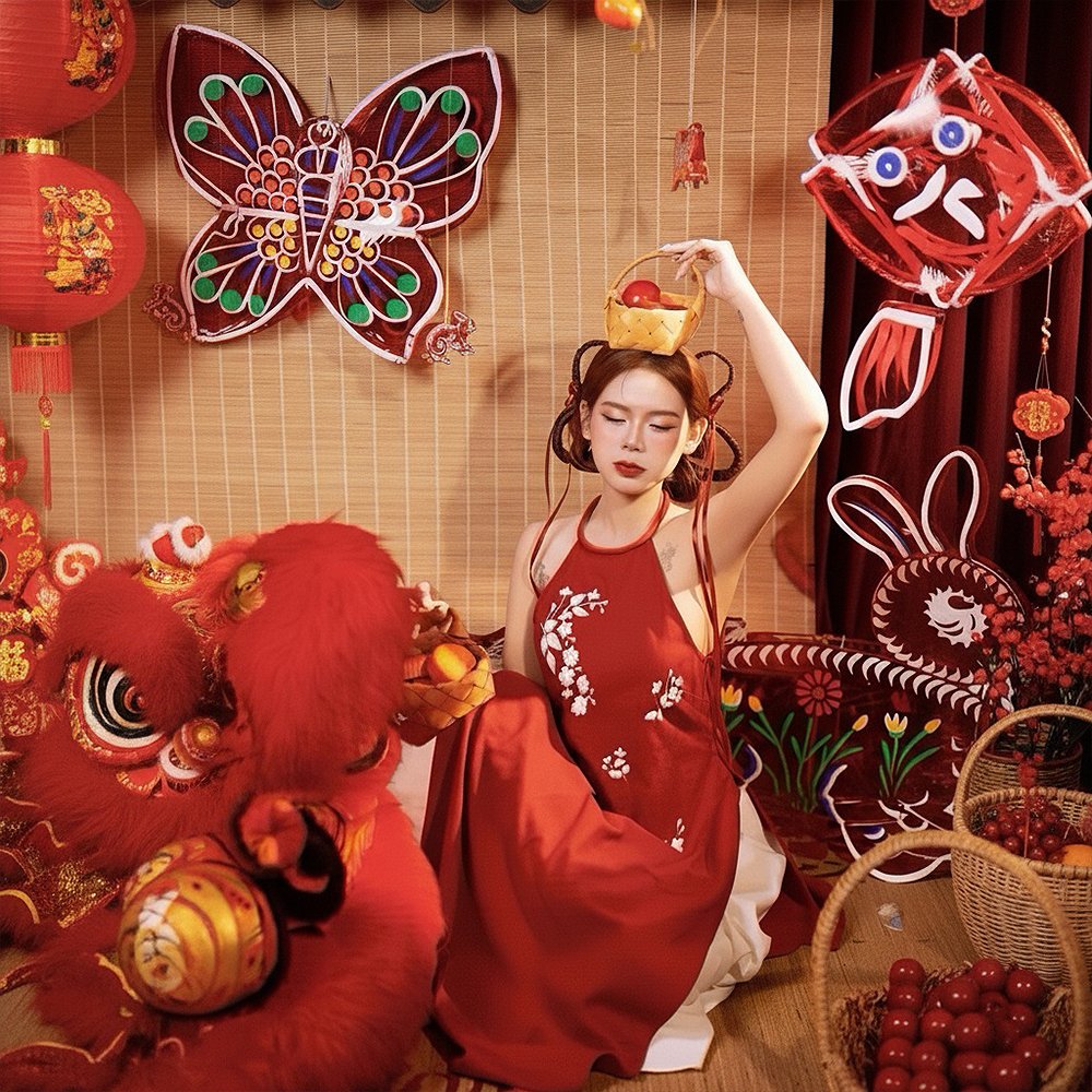 Cho Thuê Yếm Dài Thêu Hoa Đỏ