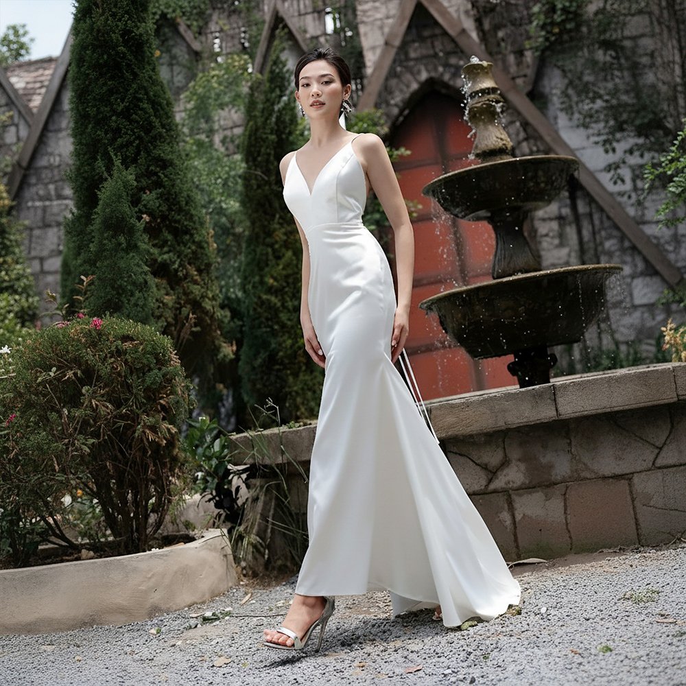 Thuê Váy Dài Hai Dây Basic THE NELLA Trắng tại Tiệm Nhà Bông – thiết kế basic hai dây thanh mảnh, dáng dài tinh tế, màu trắng sang trọng. Phù hợp tiệc, sự kiện, chụp ảnh. Đặt thuê ngay!