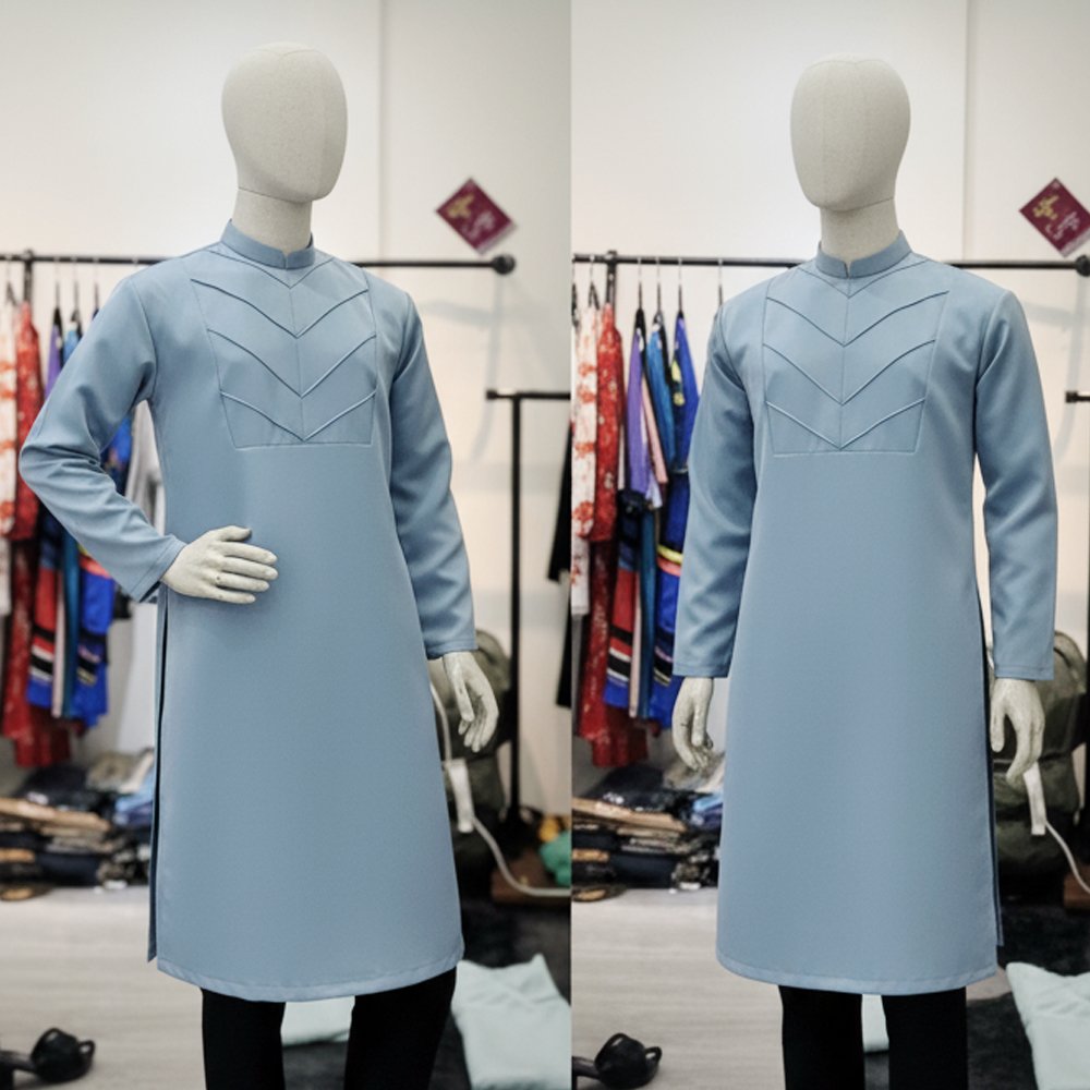 Áo dài cách tân nam họa tiết xám xanh sang trọng tại Tiệm Nhà Bông