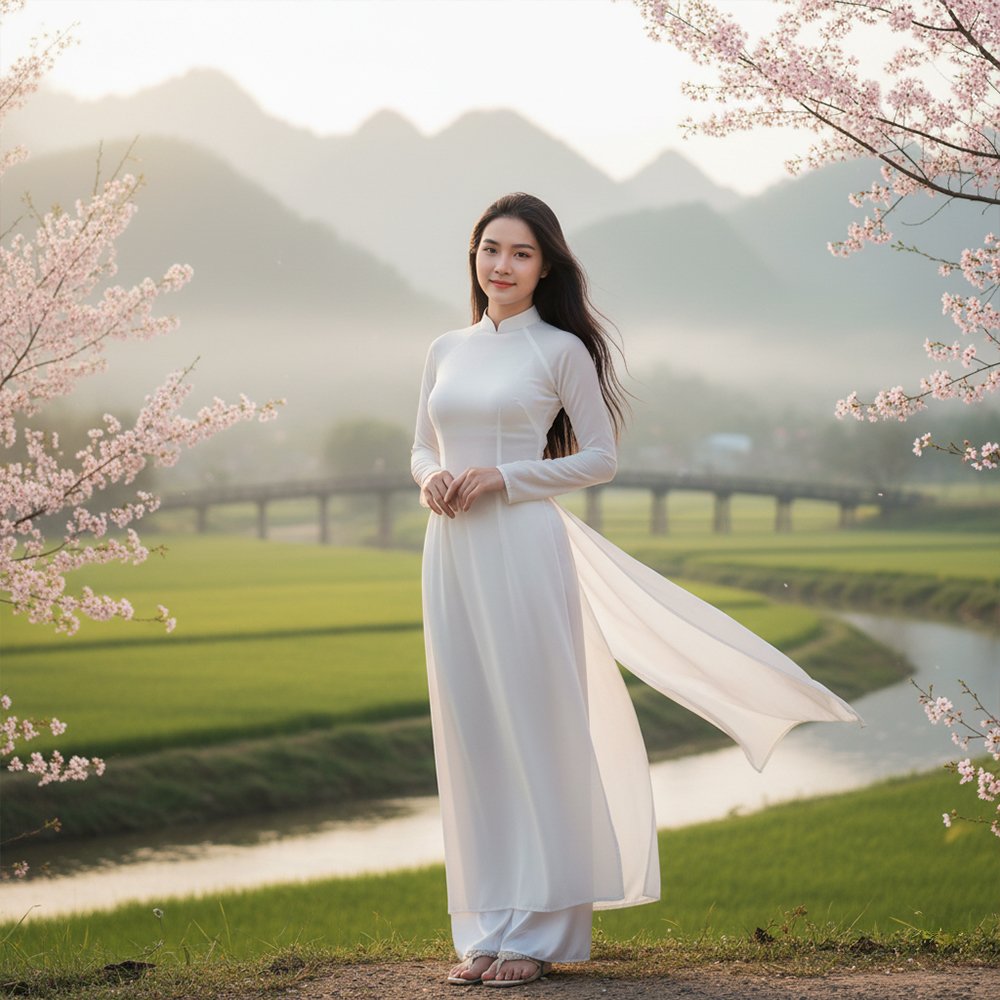 Áo dài trắng nữ sinh 4 tà thướt tha tại Tiệm Nhà Bông