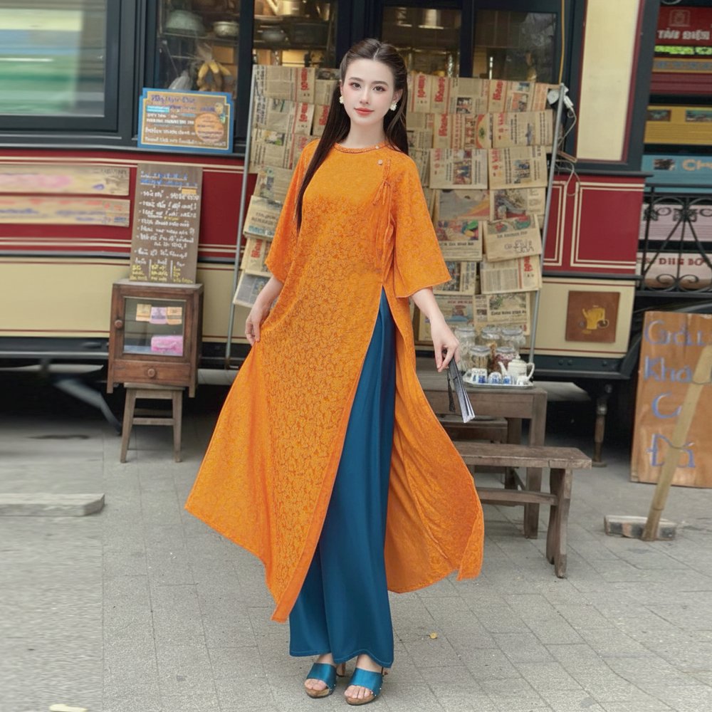 Áo dài cam cổ tròn hoa chìm sang trọng tại Tiệm Nhà Bông