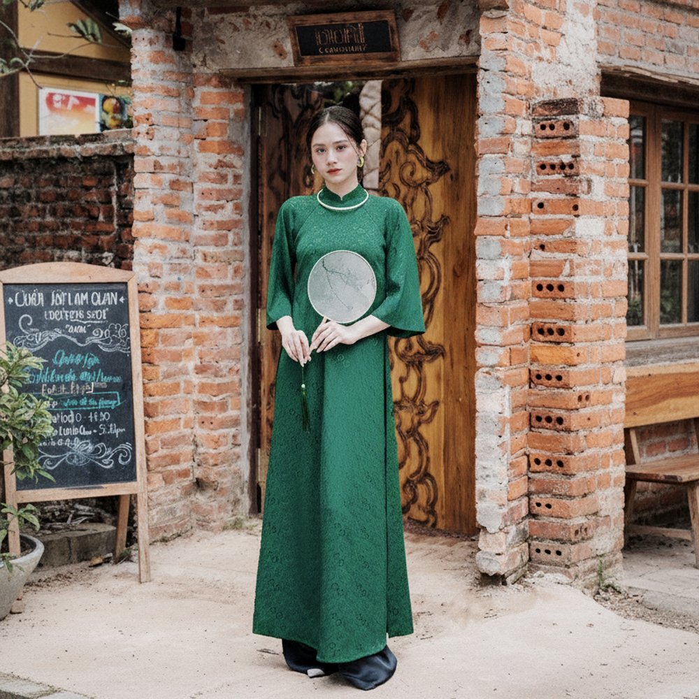 Thuê Áo Dài Cổ Trụ CayLeo Hoa Xanh Lá Đậm