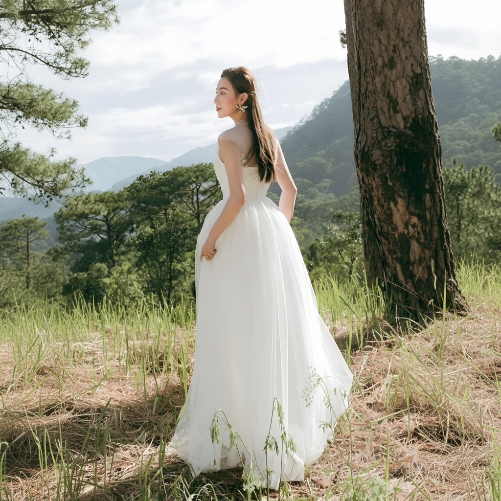 Cho Thuê Váy Dài Tay Cụt Lưới THE NELLA Trắng