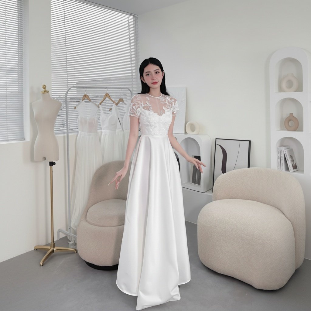Váy Dài Tay Lỡ Ren Hoa Hồng THE NELLA Trắng – Cho thuê váy dự tiệc sang trọng tại Tiệm Nhà Bông.