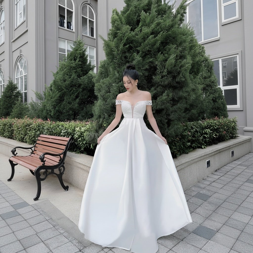 Cho Thuê Váy Dài Trễ Vai Ren Lá THE NELLA Trắng – Sang Trọng, Lãng Mạn