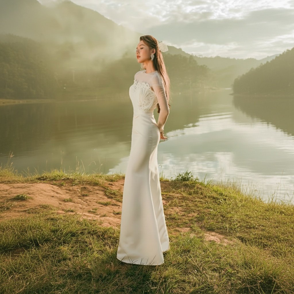 thuê Váy Dài Tay Dài Ngực Vỏ Sò THE NELLA Trắng