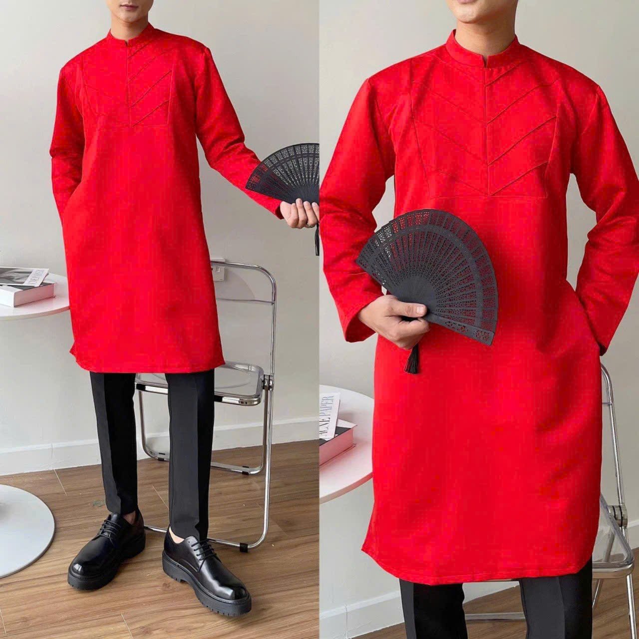 Áo dài nam đỏ cách tân họa tiết sang trọng tại Tiệm Nhà Bông