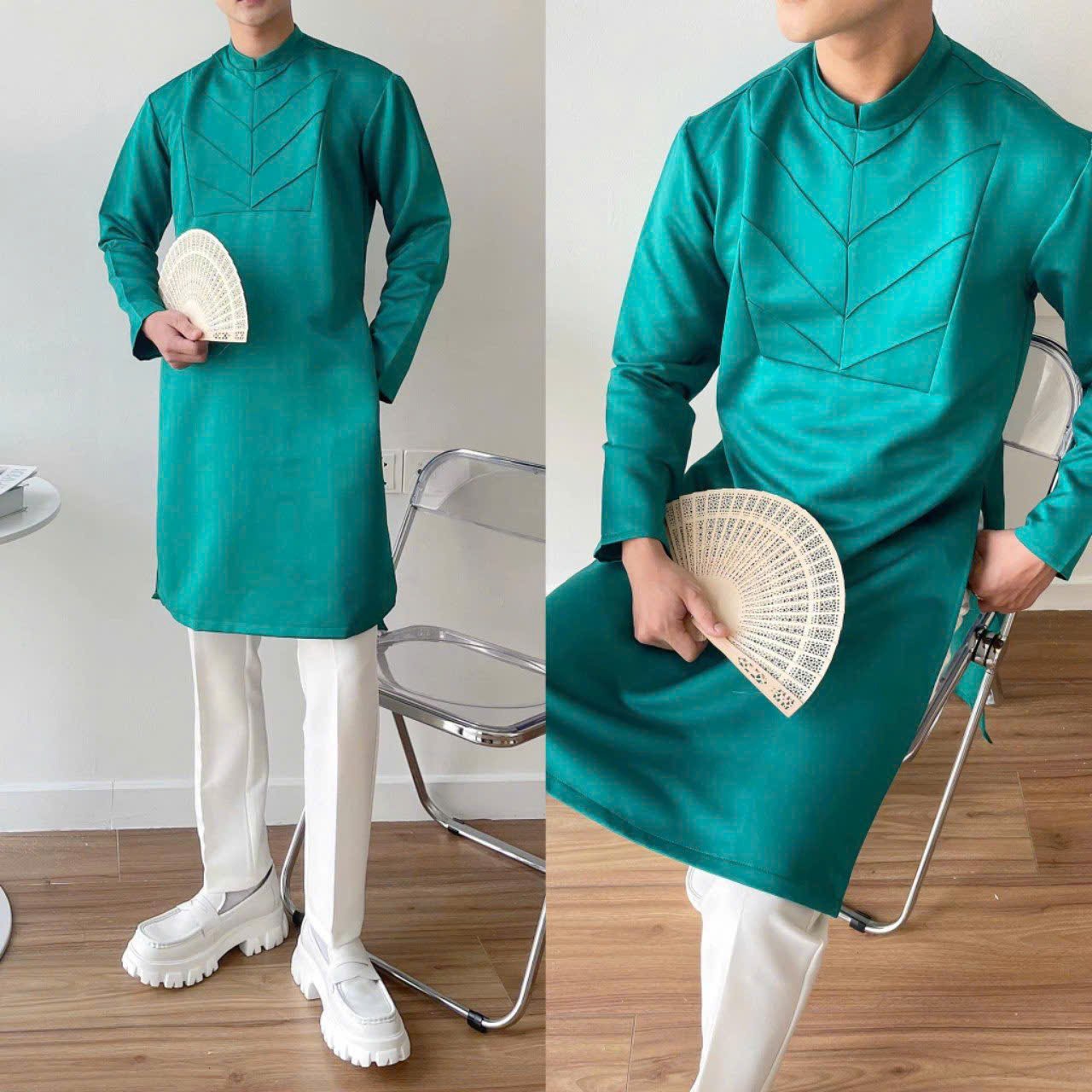 Áo Dài Nam Xanh Cổ Vịt Cách Tân Họa Tiết là sự kết hợp giữa vẻ đẹp truyền thống và tinh thần hiện đại. Gam màu xanh cổ vịt sang trọng giúp tôn lên nét lịch lãm cho nam giới, đồng thời các chi tiết họa tiết tinh tế làm điểm nhấn nổi bật cho bộ trang phục.