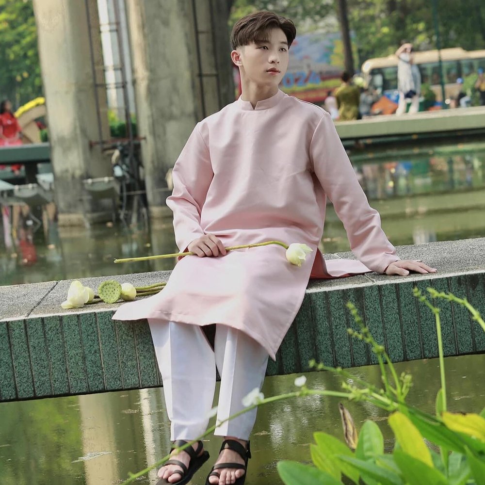 Thuê Áo Dài Nam Trơn Hồng size L XL Tafta cứng cách tâ