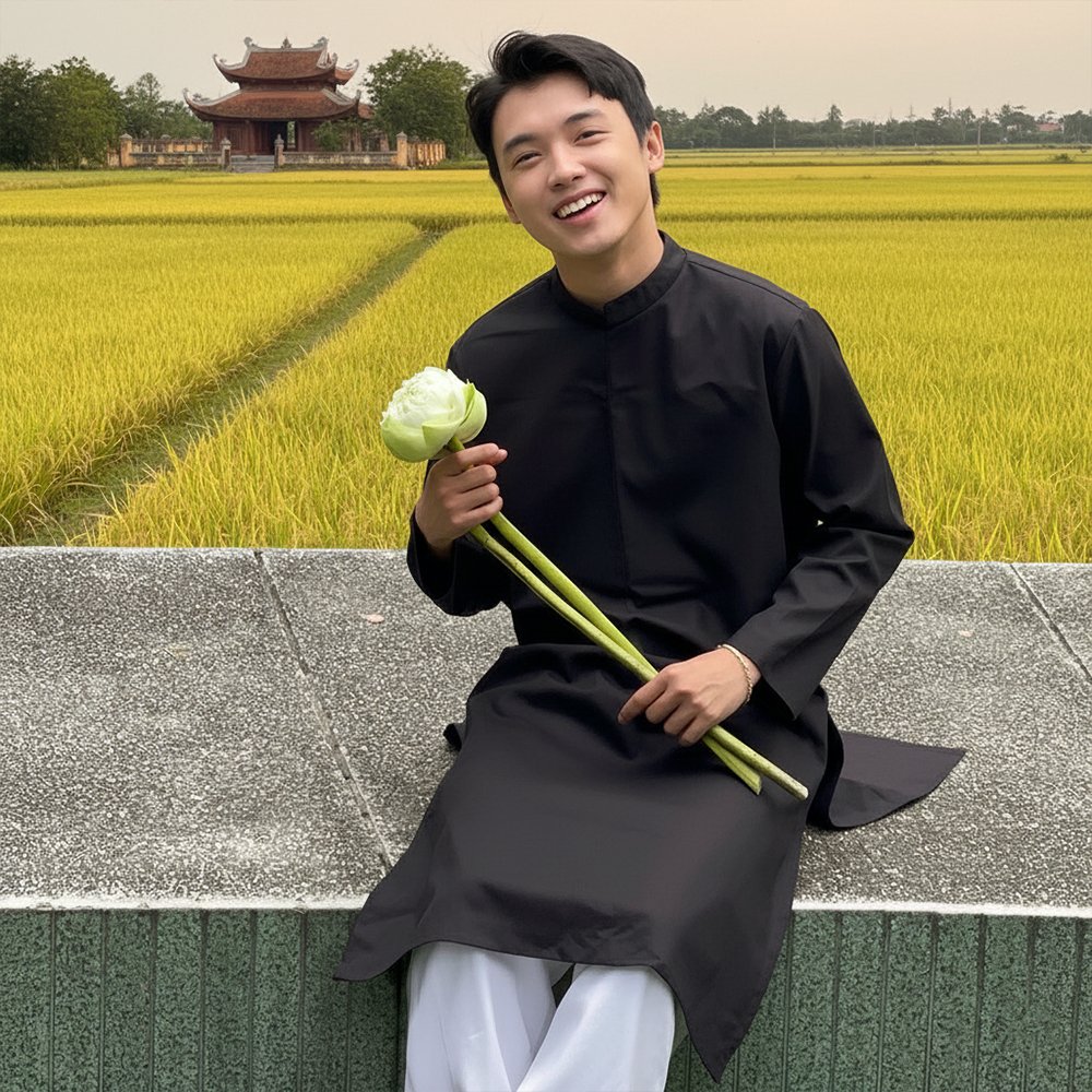 $$\text{Áo Dài Nam Trơn Đen Vải Tafta Cứng Đứng Form - Sẵn Size M, L, XL, 3XL}$$