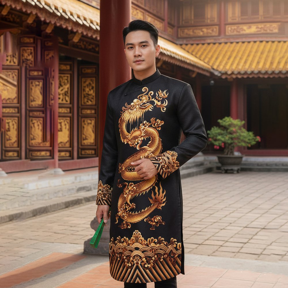 Thuê Áo Dài Đen Nam Rồng size L gấm cao cấp Tiệm Nhà Bông