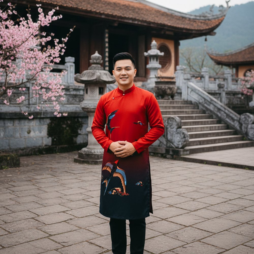 Thuê Áo Dài Nam Chim Hạc Đỏ Đen size L gấm Tiệm Nhà Bông