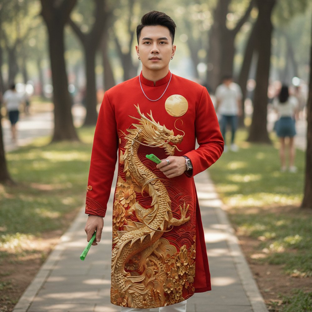 Thuê Áo Dài Đỏ Nam Rồng Tài Lộc, Vải Tafta Cách Tân Size L - Tiệm Nhà Bông