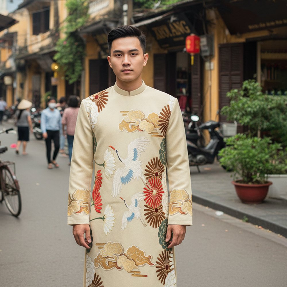 Thuê Áo Dài Nam Chim Hạc Vàng Nhạt Gấm Cách Tân - Sang Trọng Size L