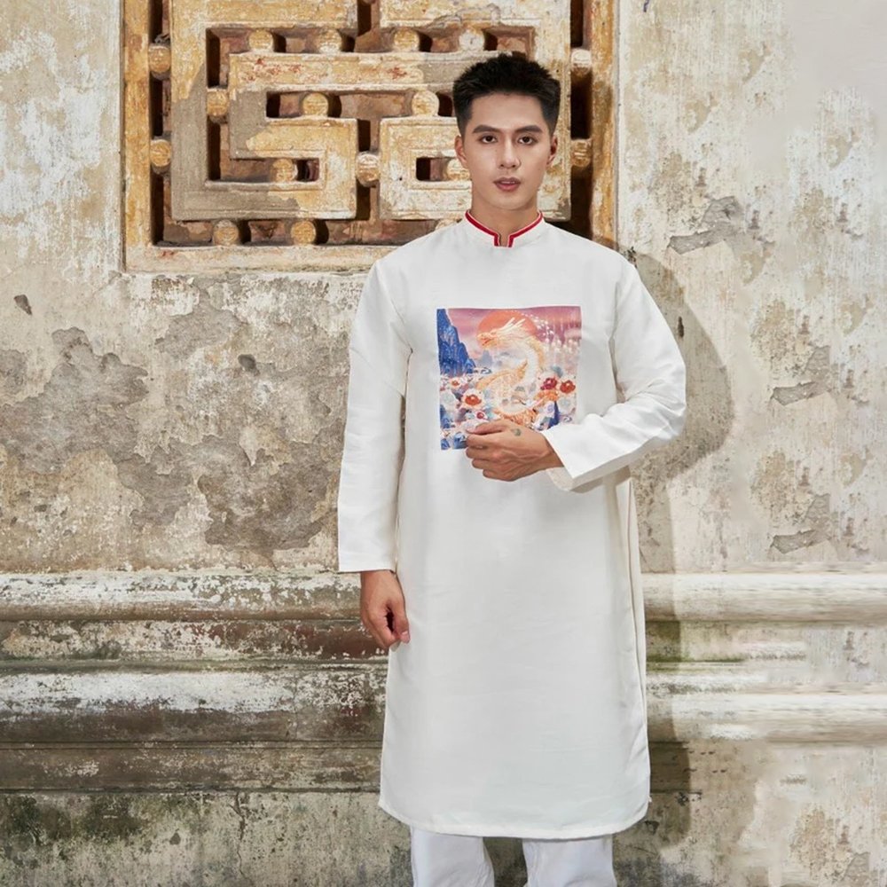 Thuê Áo Dài Nam Rồng Trắng Freesize Tafta cách tân Tiệm Nhà Bông
