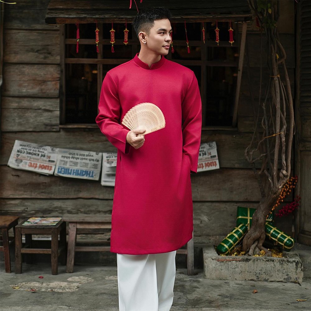 Thuê Áo Dài Nam Trơn Đỏ Tafta Cứng, Cách Tân Size L - Tiệm Nhà Bông May Mắn