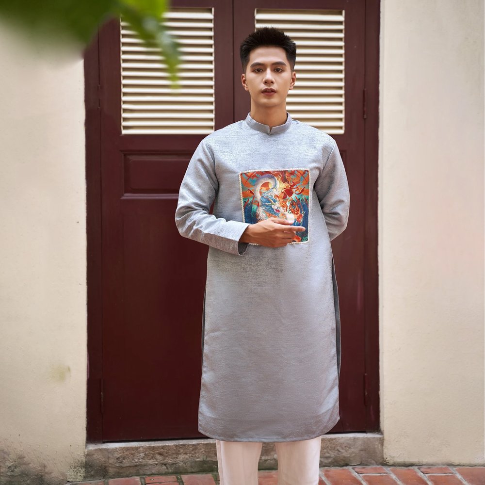 Thuê Áo Dài Nam Ô Vuông Na Tra Xám size L Tafta Tiệm Nhà Bông