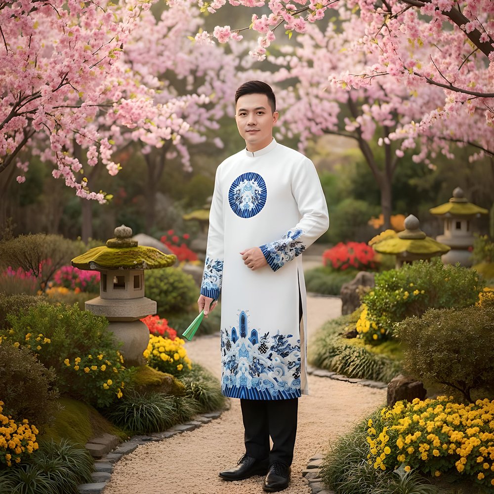 Thuê Áo Dài Nam Trắng Họa Tiết Xanh size L gấm Tiệm Nhà Bông