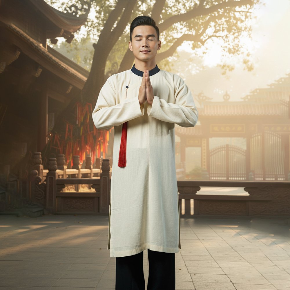 thuê áo dài ngũ thân nam kem cổ xanh, áo dài nam kem cổ xanh size m l, áo dài ngũ thân cách tân