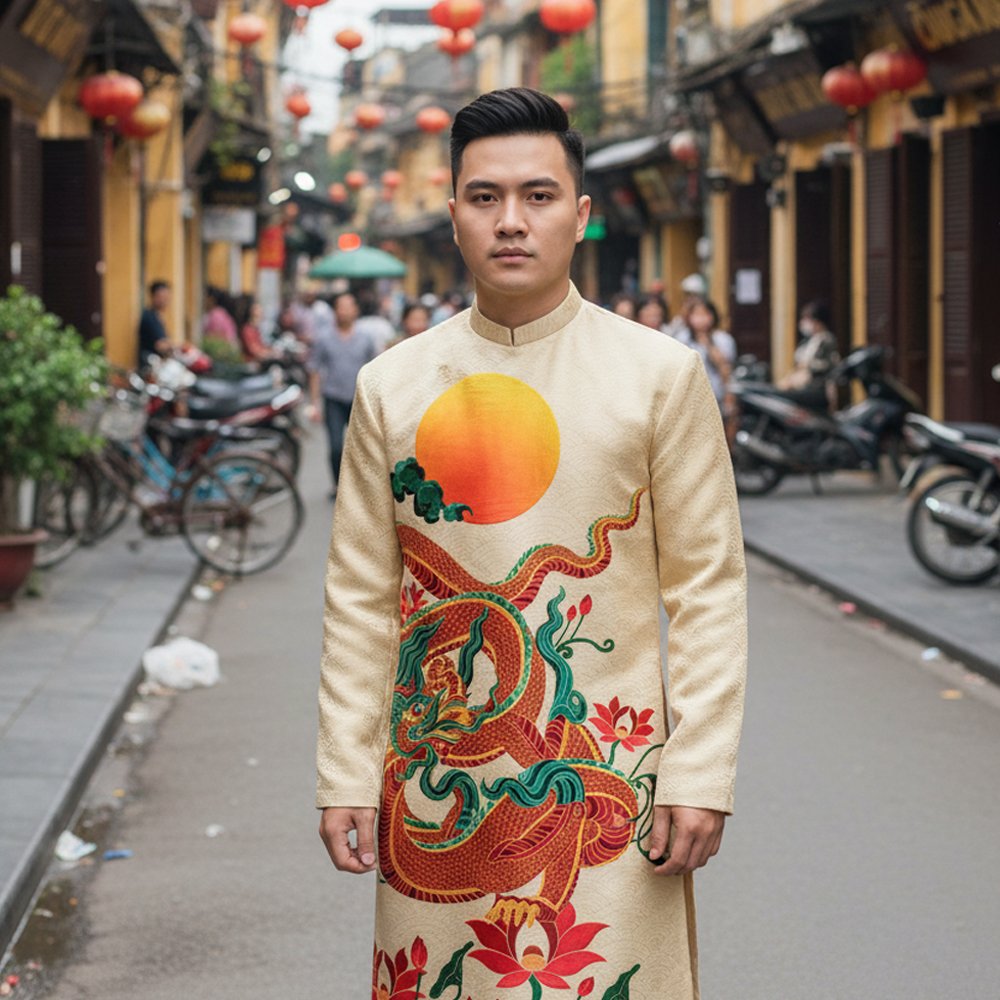 Thuê Áo Dài Vàng Cam Nam Rồng size L gấm Tiệm Nhà Bông