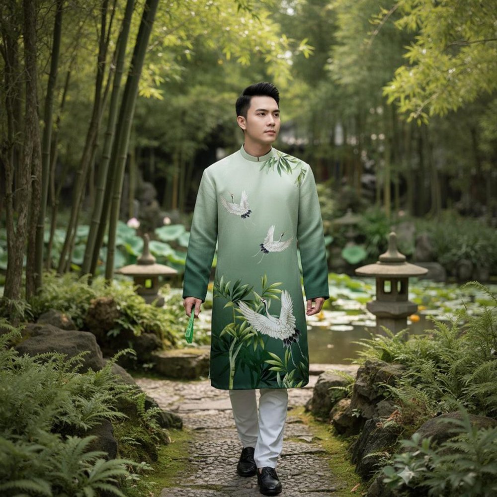 Thuê Áo Dài Nam Chim Hạc Xanh Lá size L gấm Tiệm Nhà Bông