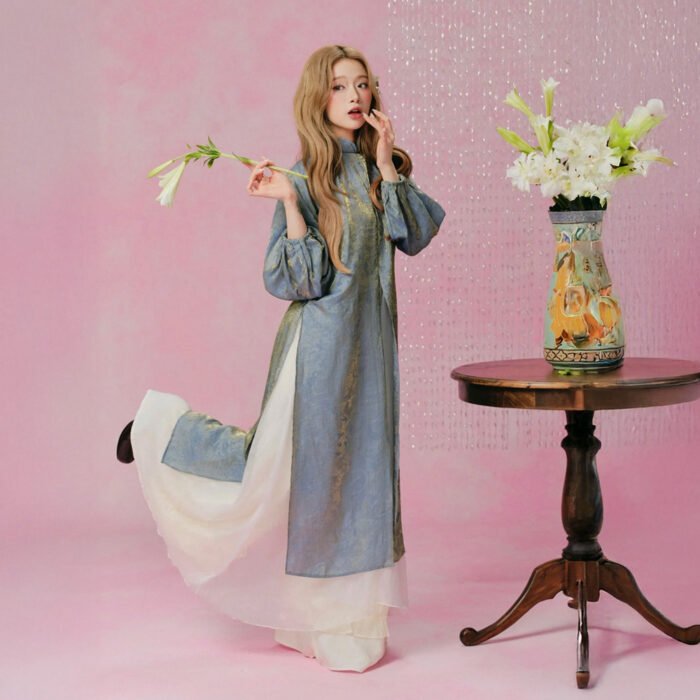 Áo Dài Linh Sa Remmus Xanh Đá Phối Chân Váy – Tiệm Nhà Bông