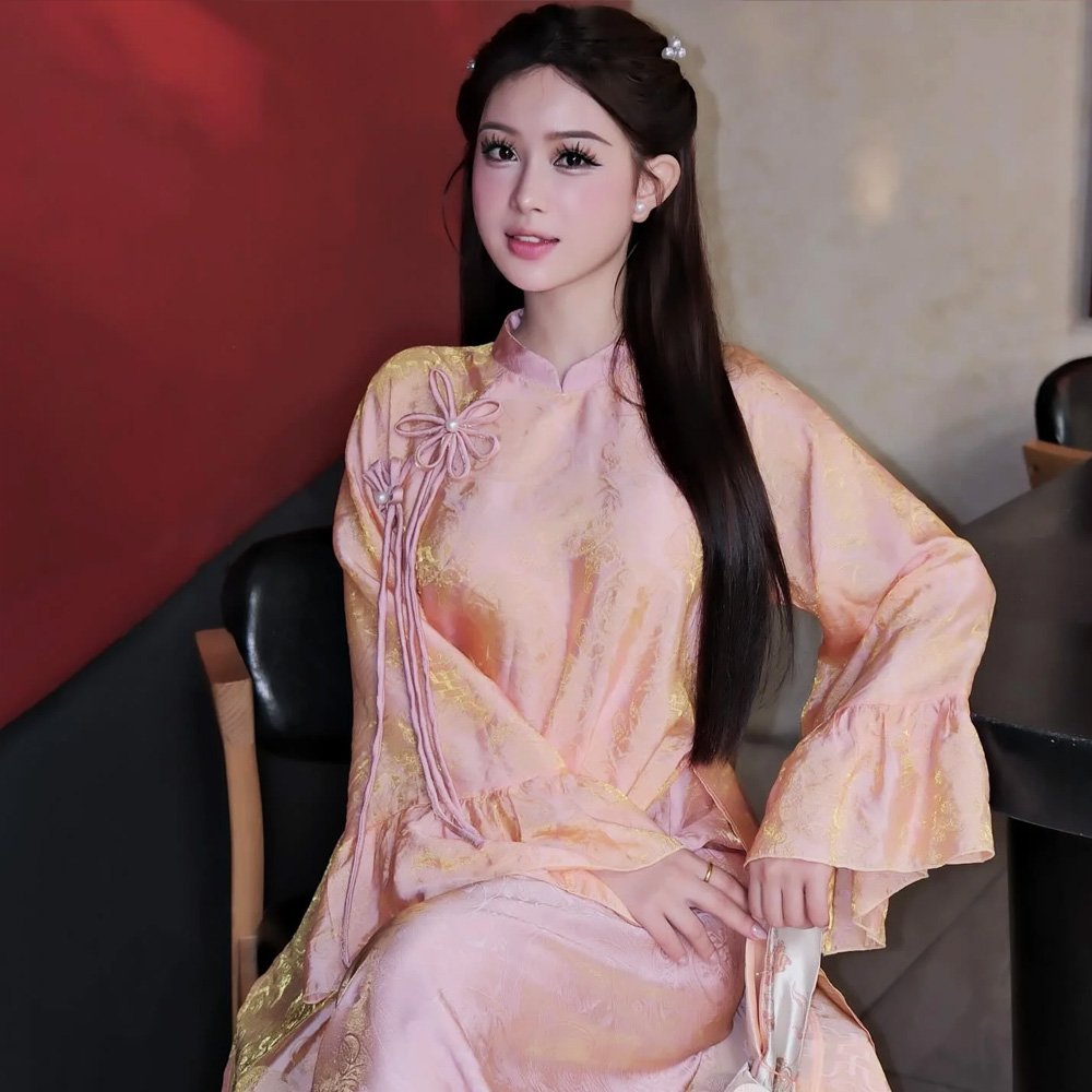 Cho thuê Áo Dài Nữ Cổ Trụ Cam Đào Tay Loe Kết Nơ
